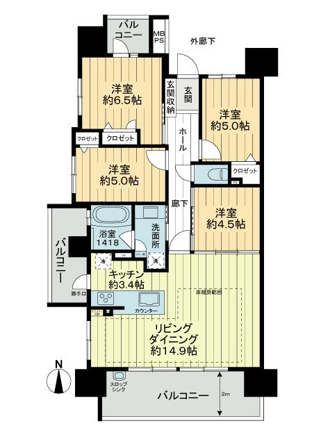 Floor plan. 4LDK, Price 38,900,000 yen, Occupied area 83.01 sq m , Balcony area 20.64 sq m southwest angle room, Window in the bath, Back door to be out on the west side balcony, Contemplated the floor plan, Please refer to the use comfortable living-dining kitchen, etc..