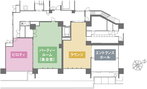 Features of the building.  [floor] Entrance Hall to produce a meeting with the guest ・ Lounge. Connect the people, It has provided, such as a multi-purpose community space to carve a rich time (floor layout)