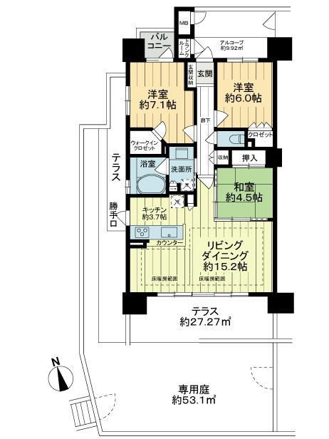 Floor plan. 3LDK, Price 29,200,000 yen, Footprint 81.5 sq m , Balcony area 2.85 sq m southwest angle room, Window in the bath, About 53.10m2 spacious private garden of [about 16.06 square meters], It is out to spacious terrace kitchen door, Contemplated the floor plan, Please refer to the good living dining kitchen comfortable to use.