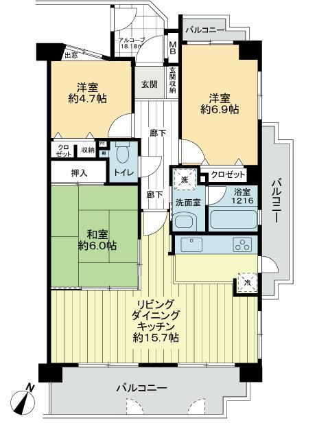 Floor plan. 3LDK, Price 14.8 million yen, Occupied area 72.28 sq m , Please refer to the balcony area 18.18 sq m contemplated the use comfortable floor plan.