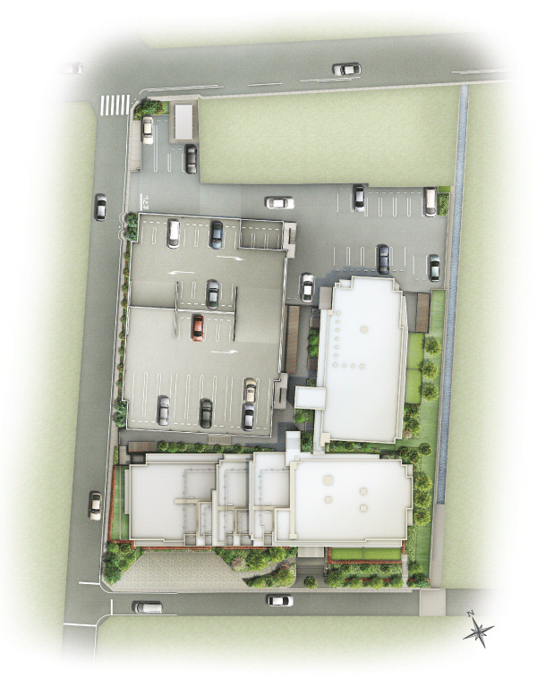 Features of the building.  [Land Plan] Richly Entrance & Lounge, Common areas and security of security of enhancement, such as a party room ・ Such as provided with the disaster prevention equipment, It is also a land plan to meet the permanent-minded who want comfortable living forever (site layout)
