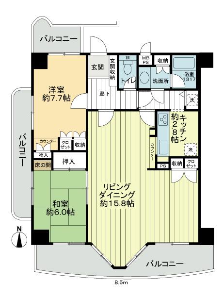 Floor plan. 2LDK, Price 12.4 million yen, Occupied area 80.41 sq m , Balcony area 24.77 sq m southwest angle room, High-rise 10th floor, Please refer to the spacious and comfortable space of living dining which is the center of daily life.