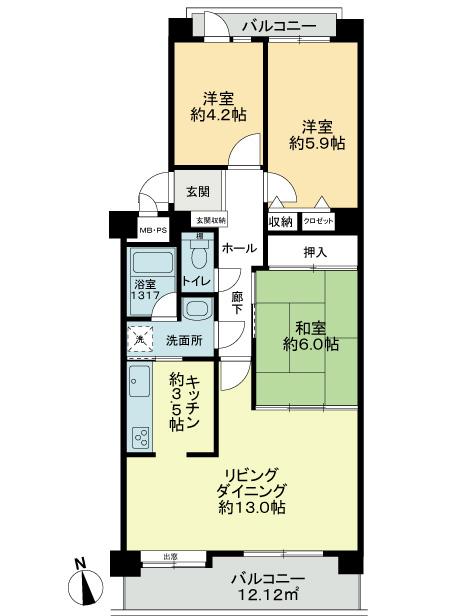 Floor plan. 3LDK, Price 11.8 million yen, Occupied area 74.17 sq m , Please refer to the balcony area 12.12 sq m living dining use comfortable comfort of.