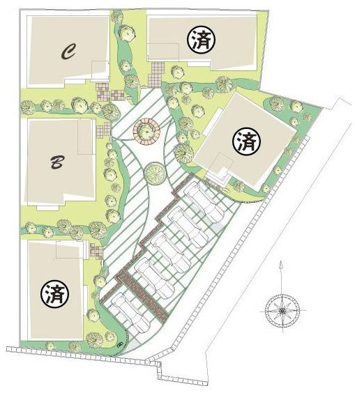 The entire compartment Figure. Entrance of each residence is, It has attracted in the same direction so as to produce a lush "common garden" and warm ties face a "bench" / Compartment Figure