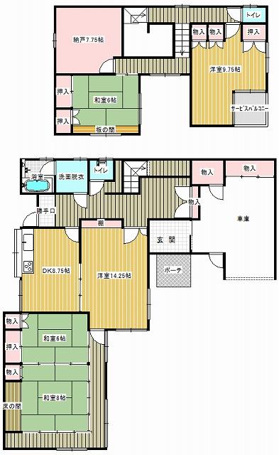 Floor plan. 22 million yen, 4LDK + S (storeroom), Land area 464.76 sq m , Floor large living of building area 198.04 sq m 4SLDK, Also protect the car from the rain snow with garage. There is also a Japanese-style room to relax you.