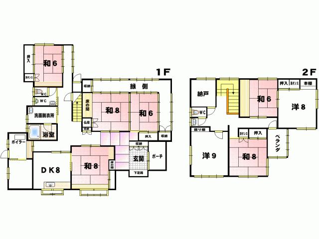 Floor plan. 13.8 million yen, 8DK + 2S (storeroom), Land area 433.19 sq m , Perfect as a building area 234.31 sq m 8DK + S2 family homes. There are two places toilet. 