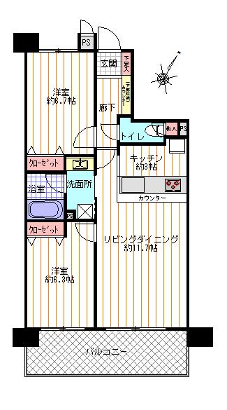 Floor plan. 2LDK, Price 15.8 million yen, Occupied area 60.05 sq m , Balcony area 10.8 sq m