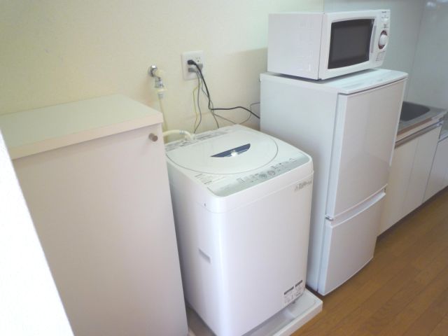 Washroom. Washing machine and refrigerator & microwave