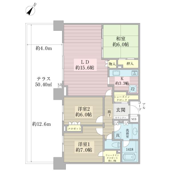 Floor plan. 3LDK, Price 26.5 million yen, Occupied area 84.64 sq m , Balcony area 50.4 sq m