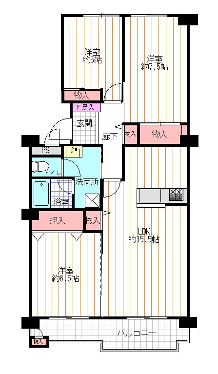 Floor plan. 3LDK, Price 11.9 million yen, Occupied area 76.74 sq m , Balcony area 10.87 sq m