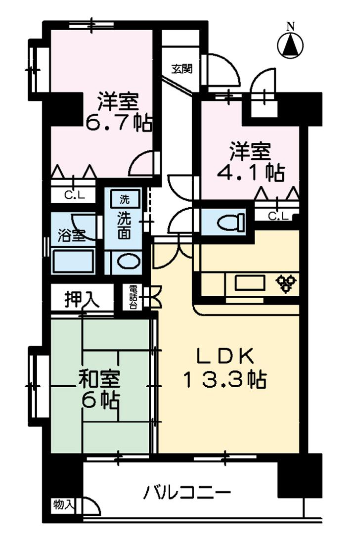 Floor plan. 3LDK, Price 16.5 million yen, Occupied area 67.69 sq m , To close on the balcony area 8.4 sq m station, Living quietly!
