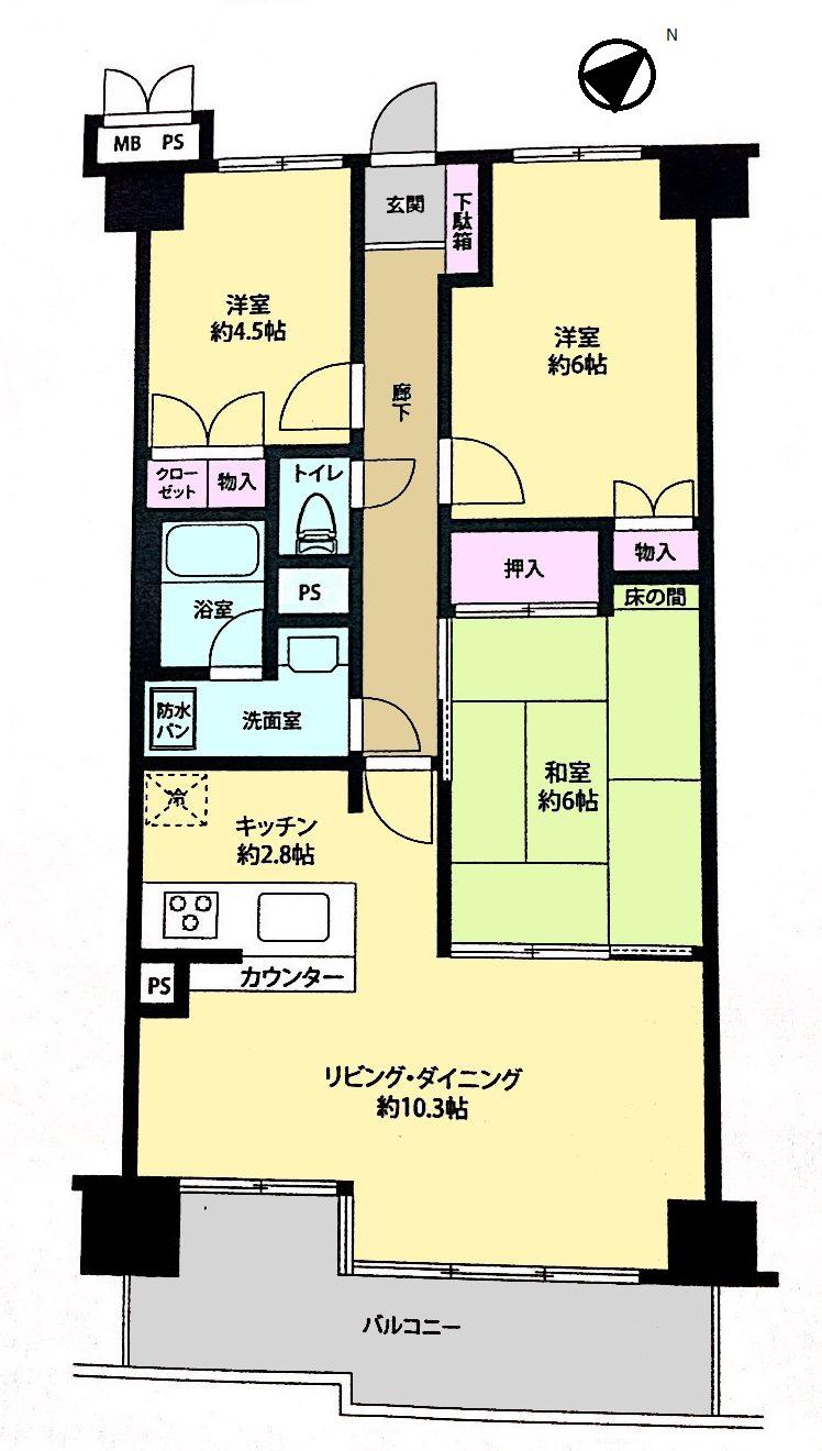 Floor plan. 3LDK, Price 13.8 million yen, Occupied area 67.54 sq m , Balcony area 10.29 sq m   ~ Popular counter kitchen ~