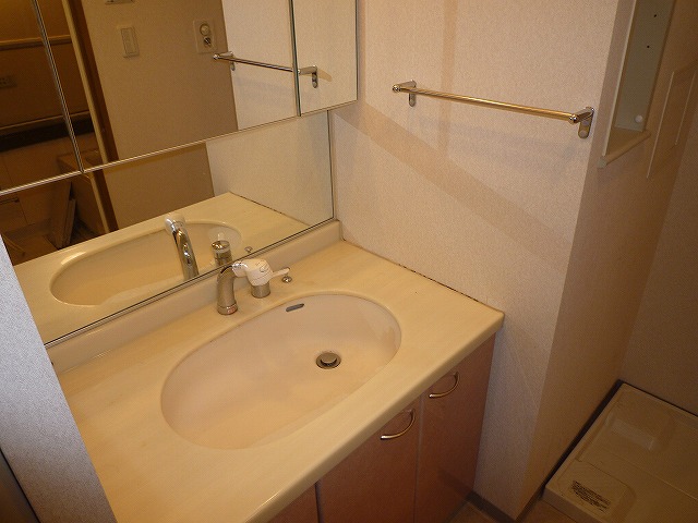 Washroom. Large independent wash basin. It is easy to see in the mirror is also large. 