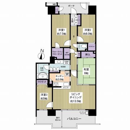 Floor plan. 4LDK, Price 37.5 million yen, Occupied area 96.37 sq m , Balcony area 19.16 sq m