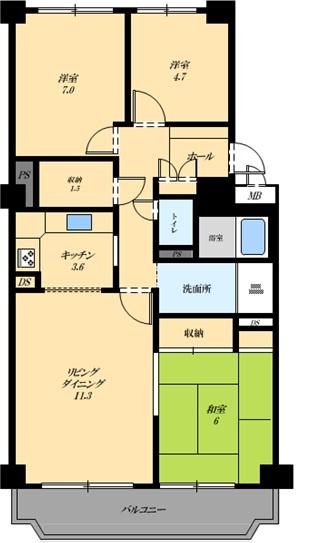 Floor plan. 3LDK + S (storeroom), Price 5.8 million yen, Occupied area 71.26 sq m , Balcony area 8.45 sq m