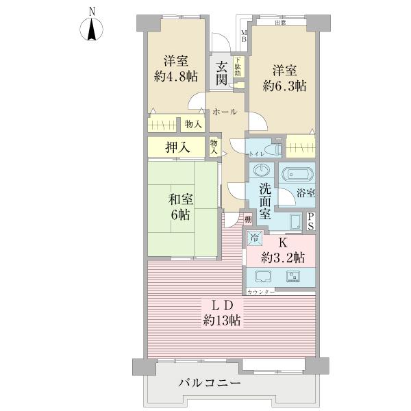 Floor plan. 3LDK, Price 13.2 million yen, Occupied area 75.14 sq m , Balcony area 9.44 sq m