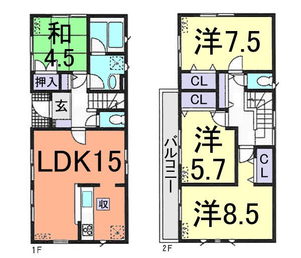 Floor plan. (Building 2), Price 21,800,000 yen, 4LDK, Land area 141.57 sq m , Building area 95.17 sq m