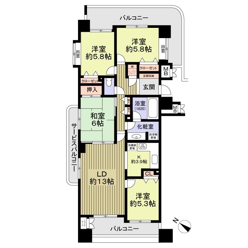 Floor plan. 4LDK, Price 21,800,000 yen, Occupied area 90.12 sq m , Balcony area 27.7 sq m