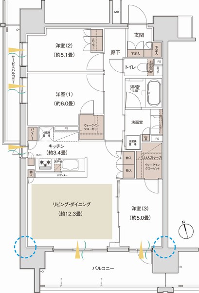 B type ・ 3LDK + 2WIC footprint / 76.30 sq m balcony area / 11.97 sq m service balcony area / 4.93 sq m