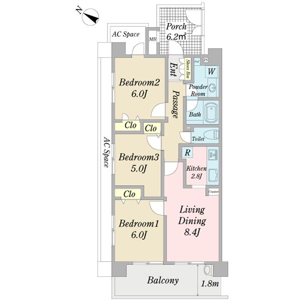 Floor plan. 3LDK, Price 28.8 million yen, Occupied area 63.25 sq m , Balcony area 10.35 sq m