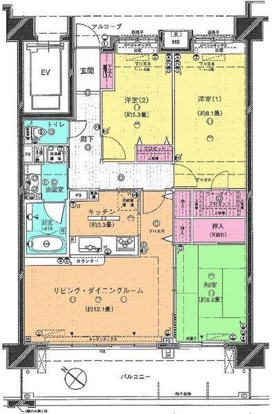 Floor plan. 3LDK, Price 23.8 million yen, Footprint 80.1 sq m , Floor friendly to wife on the balcony area 16.2 sq m L-shaped hallway and 2WAY kitchen.