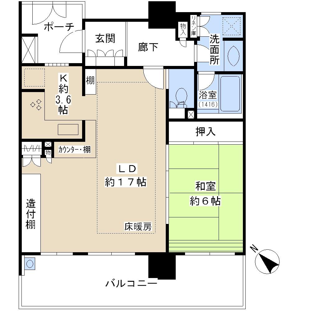 Floor plan. 1LDK, Price 18,800,000 yen, Occupied area 62.37 sq m , Balcony area 15.29 sq m