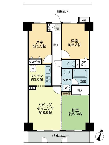 Floor plan. 3LDK, Price 16.8 million yen, Occupied area 66.45 sq m , Balcony area 7.8 sq m floor plan