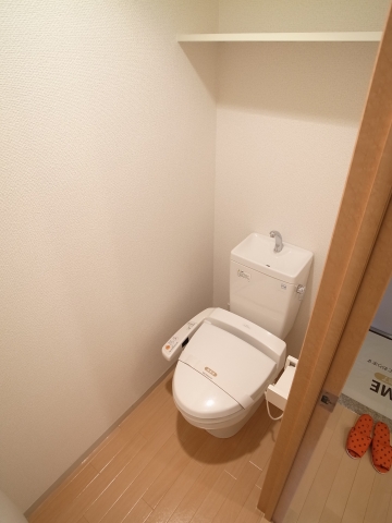 Toilet. Toilet with a bidet! Convenience there is also a shelf!