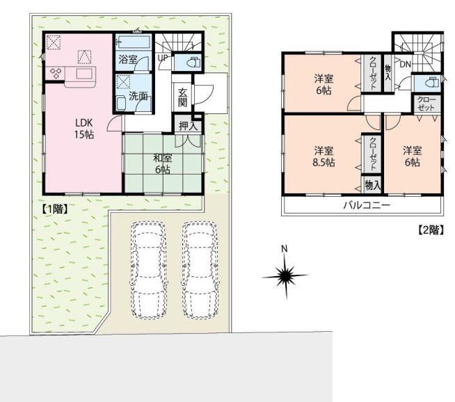 Floor plan. 22.5 million yen, 4LDK, Land area 132.4 sq m , Building area 97.6 sq m south road All rooms are two-sided lighting Two car space