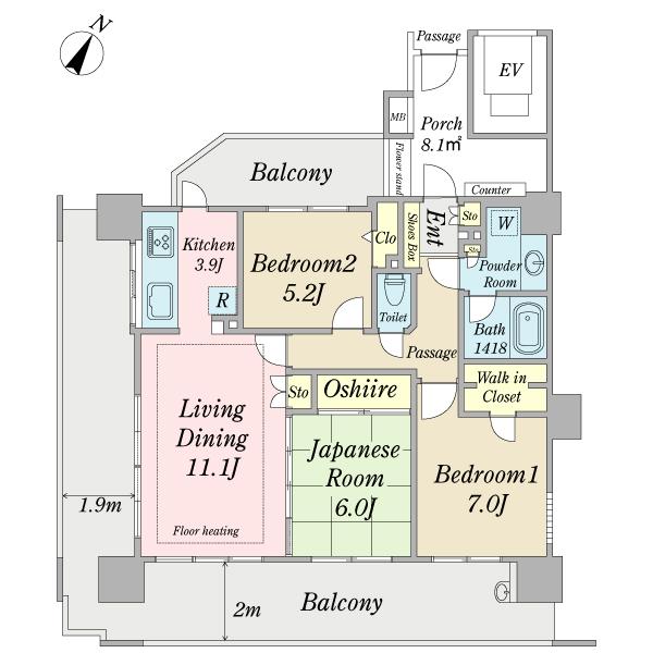 Floor plan. 3LDK, Price 32,800,000 yen, Occupied area 77.11 sq m , Balcony area 42.3 sq m