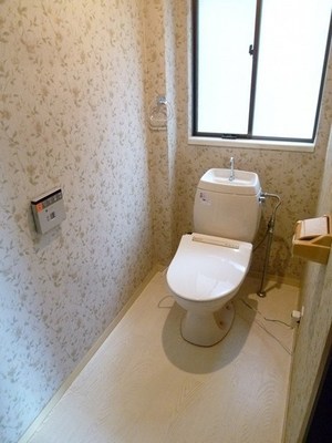 Toilet. It is a good toilet of feeling that the bright sunlight entering through the window.