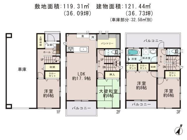 Floor plan. 29,800,000 yen, 4LDK + S (storeroom), Land area 119.31 sq m , Building area 121.44 sq m built-in garage with a three-storey