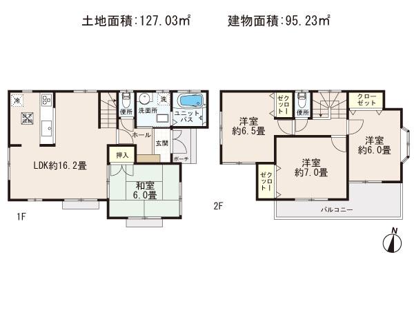 Floor plan. (Building 2), Price 22,800,000 yen, 4LDK, Land area 127.03 sq m , Building area 95.23 sq m