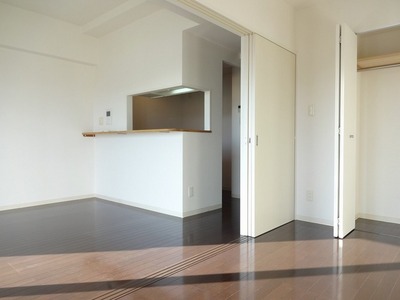 Living and room. Kitchen with counter.