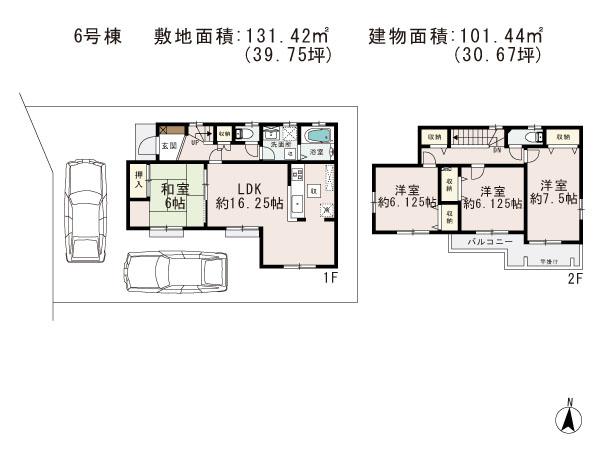 Floor plan. (6 Building), Price 23.8 million yen, 4LDK, Land area 131.42 sq m , Building area 101.44 sq m