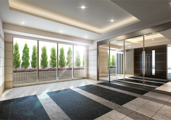 Buildings and facilities. Design a quality space of beautiful tiled from the entrance approach to the entrance hall. It provides a beautiful landscape elegant lighting of the open feeling and folding up the ceiling of the light is a moisture. (Entrance Hall Rendering)