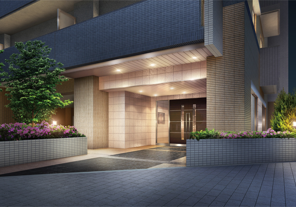 Buildings and facilities. Hospitality the people who live, Entrance approach invites comfortably the visitors. We began to create a graceful Yingbin space of the contest of quaint material has a strong presence. (Entrance approach Rendering)