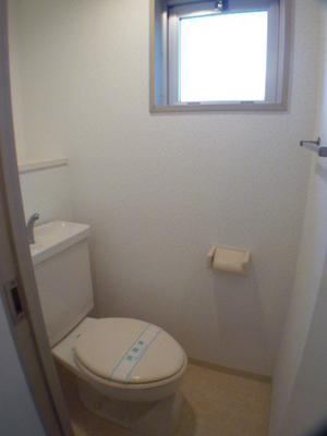 Toilet. It is bright with a window in the toilet.