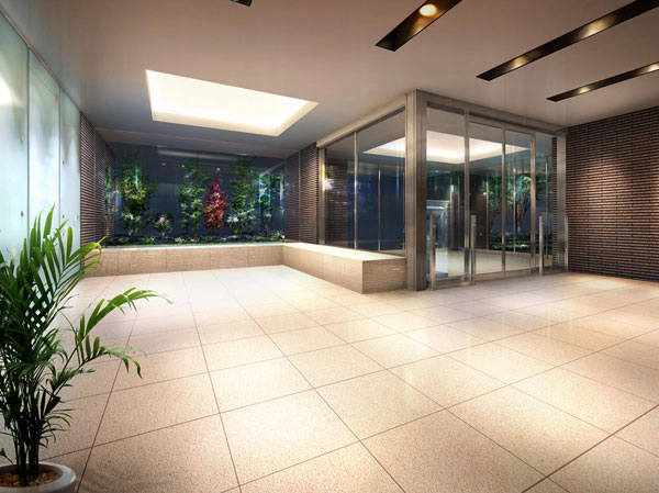 Buildings and facilities. Entrance is, Eaves of Ya glass canopy, Chic border tile with calm in the stately represent the face of the apartment. Windbreak room where we arranged indirect lighting, At the tip of the skeleton of the auto-lock operation panel, Bright and airy entrance hall will appear. Creating a high-quality space along with the floor of the large-format tile. Within the hall, People have set up a bench of paste Kataraeru white distinctive tile. (Entrance Hall Rendering CG)