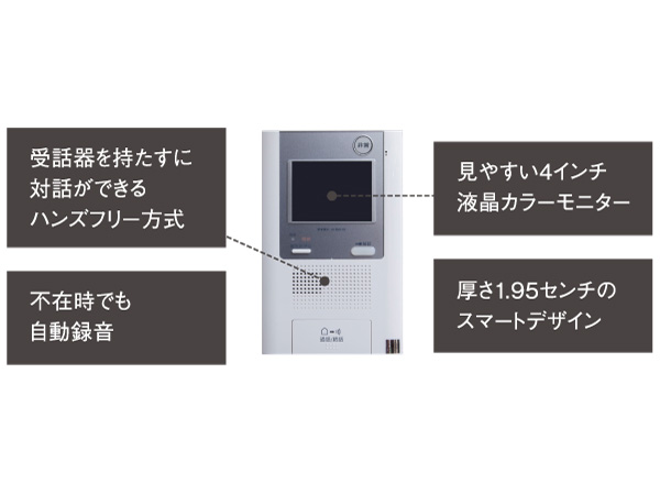 Security.  [Hands-free color TV monitor with intercom] You can check the visitor in the color image and audio, Video recording ・ Set up a recording function also with intercom. Convenient, such as at the time of the housework, It is a hands-free type that you can talk to without a handset. (Same specifications)