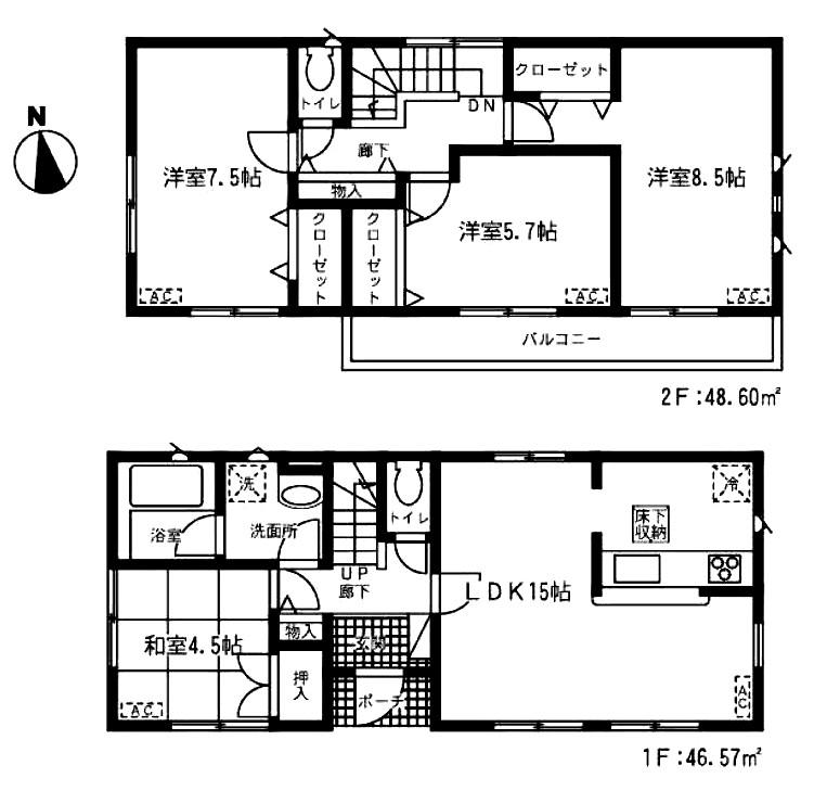 Floor plan. (Building 2), Price 21,800,000 yen, 4LDK, Land area 141.57 sq m , Building area 95.17 sq m