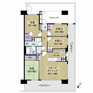Floor plan. 4LDK, Price 29,800,000 yen, Occupied area 86.72 sq m , Balcony area 32.68 sq m   ■ 4LDK area of ​​the corridor is less  ■ Use a pair of glass in all of the sash  ■ Living dining dihedral daylighting  ■ Out frame construction method that issued the pillars outside  ■ Substantial storage space  ■ Floor heating in the living-dining