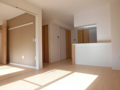 Living and room. Stylish floor plan of counter kitchen