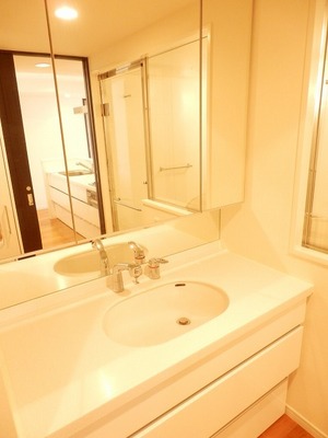 Washroom. Wide wash basin with a space. Ease of use is good in a busy morning in the three-sided mirror
