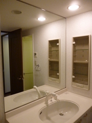 Washroom. Typical indoor photo. Is the dressing of easy washroom with a large mirror