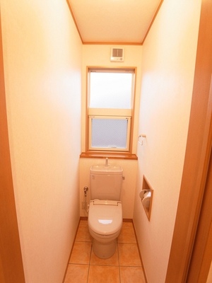 Toilet. The toilet has a window to help ventilation, This is useful