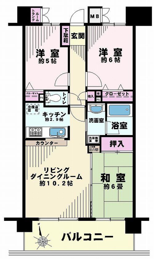 Floor plan. 3LDK, Price 16.8 million yen, Occupied area 64.55 sq m , Balcony area 11.4 sq m