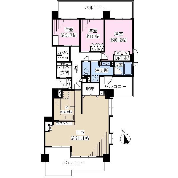 Floor plan. 3LDK, Price 26,900,000 yen, Footprint 101.35 sq m , Balcony area 34.77 sq m