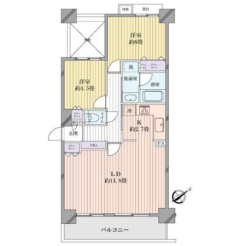 Floor plan. 2LDK, Price 22,800,000 yen, Occupied area 62.75 sq m , Balcony area 9 sq m