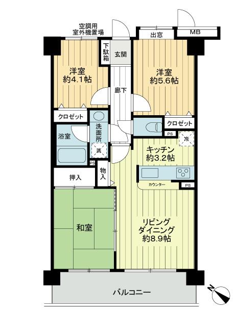 Floor plan. 3LDK, Price 13.8 million yen, Footprint 61 sq m , Balcony area 9.15 sq m